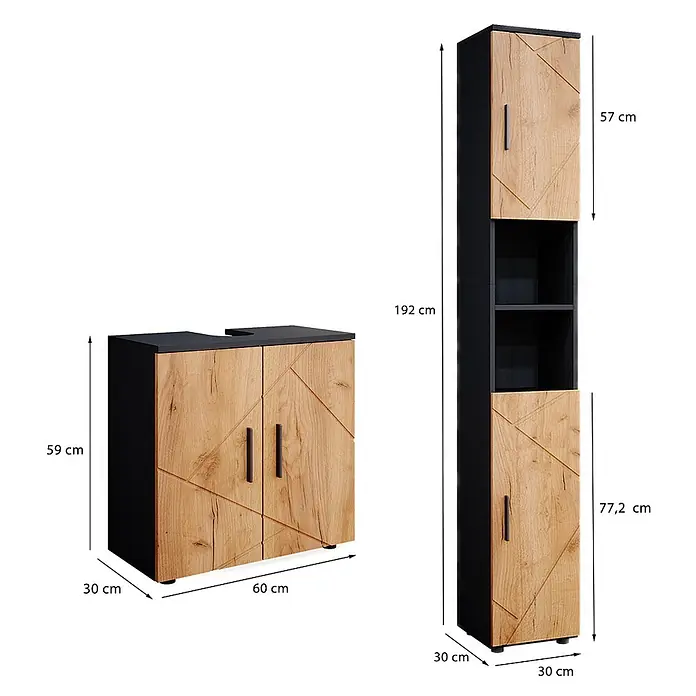 Vicco Badmöbel-Set Irma Goldkraft Eiche/Anthrazit 2 Teile, mit Hochschrank - Goldkraft Eiche, Matt - Zwei moderne Badschränke: ein schwarzer Waschtischunterschrank mit Holzoptik-Türen und ein Hochschrank mit passenden Türen und offenen Fächern, mit Maßen.