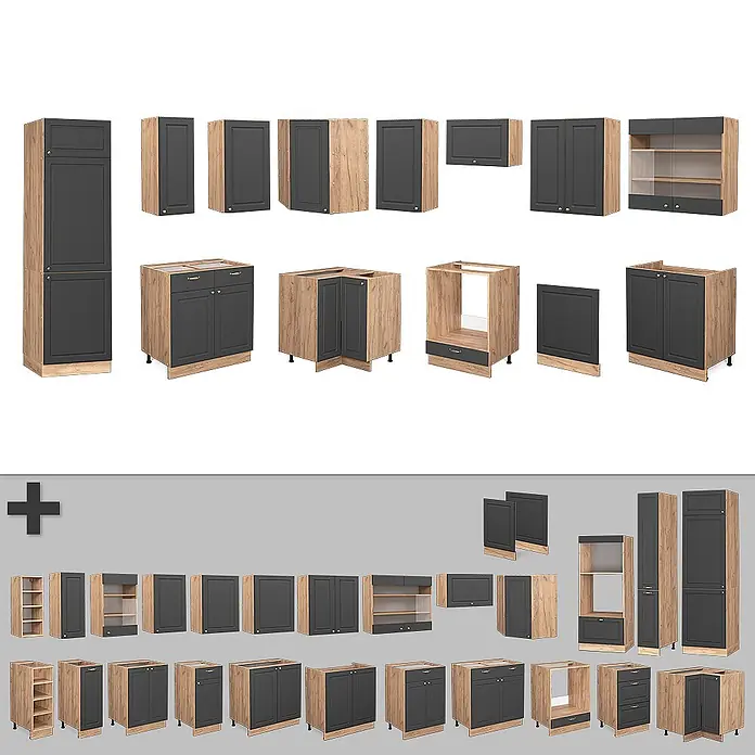 Vicco Eckküche Fame-Line Anthrazit Landhaus/Goldkraft Eiche, AP Marmor - B x T: 227 x 60 cm, Anthrazit Landhaus, Ohne Elektrogeräte - Sortiment an dunkelgrauen und hellen Holz-Küchenschränken, inklusive Unter-, Ober- und Hochschränken, teilweise mit Glastüren.