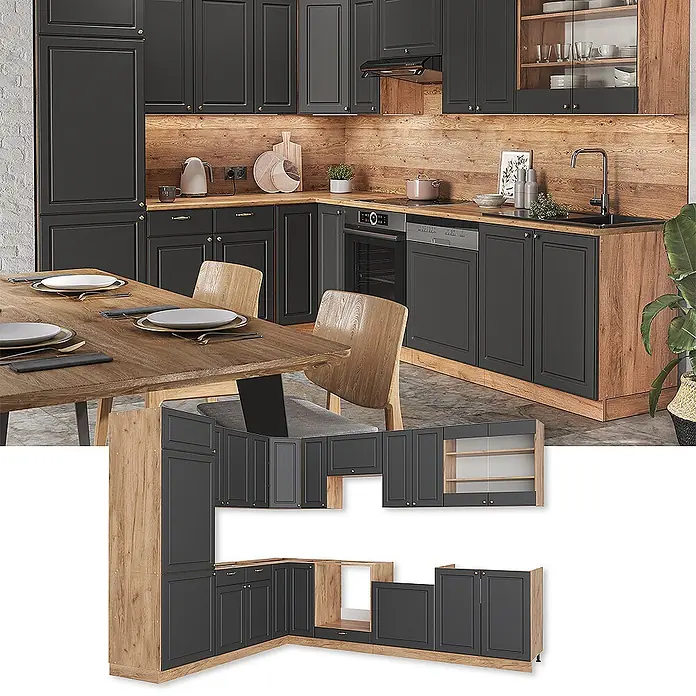 Vicco Eckküche Fame-Line Anthrazit Landhaus/Goldkraft Eiche, AP Marmor - B x T: 227 x 60 cm, Anthrazit Landhaus, Ohne Elektrogeräte - Dunkelgraue Küchenschrankgarnitur mit Holz Akzenten, Unter- und Oberschränken, sowie einer Explosionszeichnung der Komponenten.