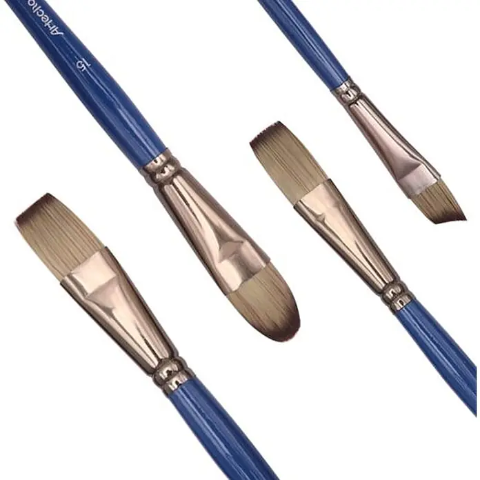 Artecho Künstlerpinsel-Set - 18 -tlg., Größe Pinsel: Rundpinsel: Größe 3, 4, 5 Flachpinsel: Größe 8, 9, 13, 14 Filbertpinsel (Katzenzunge): Größe 10, 11, 15 Feinpinsel / Linierpinsel: Größe 1, 2 Angewinkelte Pinsel: Größe 6, 7 Fächerpinsel: Größe 12 - Ein Satz Künstlerpinsel mit blauen Griffen, silbernen Zwingen und hellen Synthetikborsten in verschiedenen Formen.