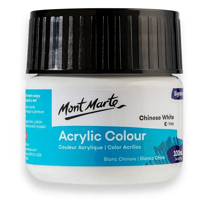 Mont Marte Acrylfarbe Signature - Chinesisch Weiß, 100 ml, Flasche - Mont Marte Chinese White Acrylfarbe in einem weißen 100ml Tiegel mit schwarzem Schraubverschluss.