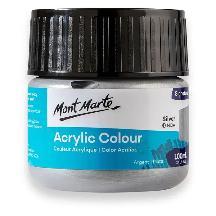 Mont Marte Acrylfarbe Signature - Silber, 100 ml, Flasche - Mont Marte 100ml silberne Metallic-Acrylfarbe in einer Flasche mit geripptem schwarzem Deckel.