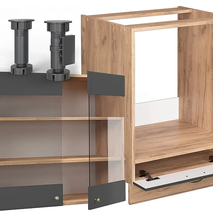 Vicco Eckküche Fame-Line Anthrazit Landhaus/Goldkraft Eiche, AP Marmor - B x T: 227 x 60 cm, Anthrazit Landhaus, Ohne Elektrogeräte - Modulare Schranksystem-Komponenten: Holzrahmen, dunkelgraue verstellbare Füße, Glastüren mit dunklen Akzenten und Innenregale.