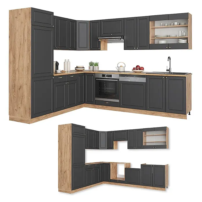 Vicco Eckküche Fame-Line Anthrazit Landhaus/Goldkraft Eiche, AP Marmor - B x T: 227 x 60 cm, Anthrazit Landhaus, Ohne Elektrogeräte - Eckküchenzeile mit dunkelgrauen Schränken, hellen Holztheken und Akzenten, inklusive Einbaugeräten und Hochschrank.