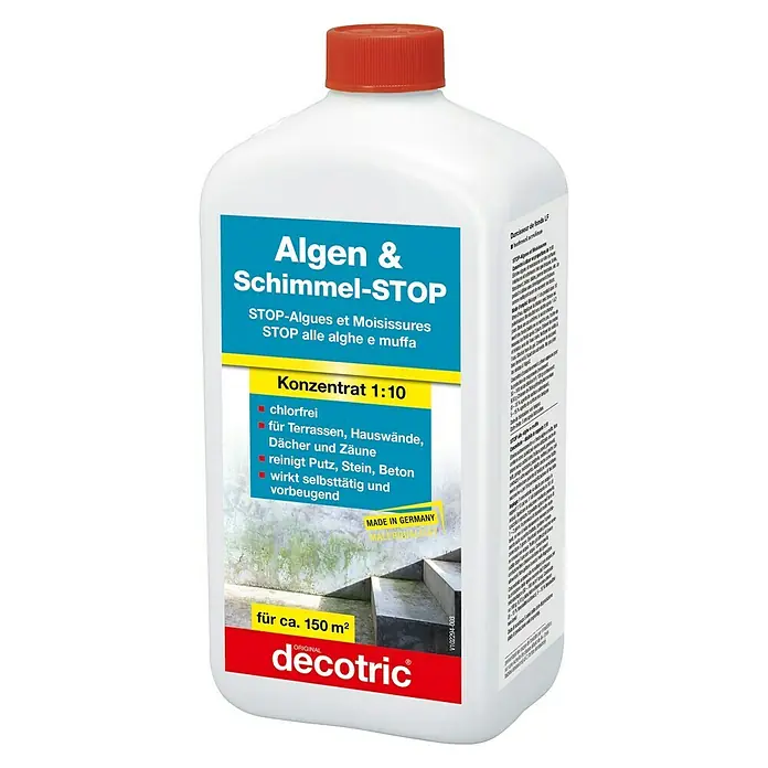 Decotric Algen- & Schimmel-Stop Konzentrat - 1 l - Flasche Algen & Schimmel-STOP von Decotric, ein Konzentrat zur Beseitigung von Algen und Schimmel auf Terrassen, Hauswänden, Dächern und Zäunen.