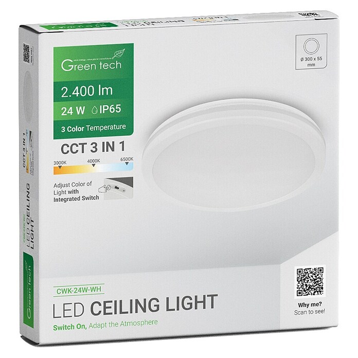 Green Tech LED okrogla stropna svetilka  (24 W, Ø x V: 30 x 5,5 cm, Bela) | 3087 - Outddor Wandstrahler | CAJA - Outdoorleuchten Hochvolt | CAJ - Outdoorleuchten | CA - Beleuchtung | C - Elektro | BAUHAUS
