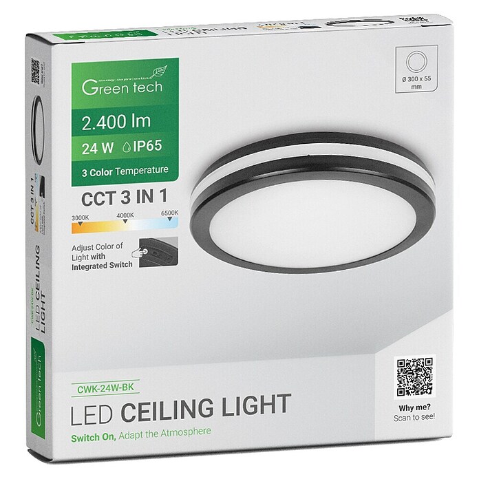 Green Tech LED okrogla stropna svetilka  (24 W, Ø x V: 30 x 5,5 cm, Črna) | 3087 - Outddor Wandstrahler | CAJA - Outdoorleuchten Hochvolt | CAJ - Outdoorleuchten | CA - Beleuchtung | C - Elektro | BAUHAUS
