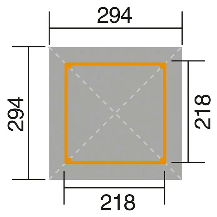 Weka Pavillon 651 - 2,94 x 2,94 m, Fichte - Draufsicht des quadratischen Produkts mit Größenangaben für Breite und Höhe. Die Maße betragen 294 x 294 und 218 x 218.