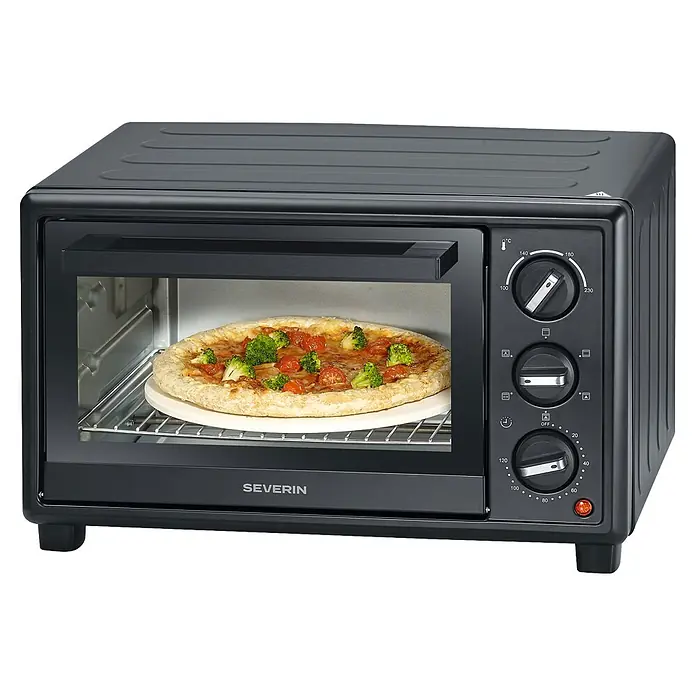 Severin Minibackofen TO2079 - Max. Leistung: 1.400 W, 20 l - Schwarzer Mini-Ofen mit Glastür, darin eine Pizza mit Brokkoli und Tomaten auf einem Pizzastein backend.
