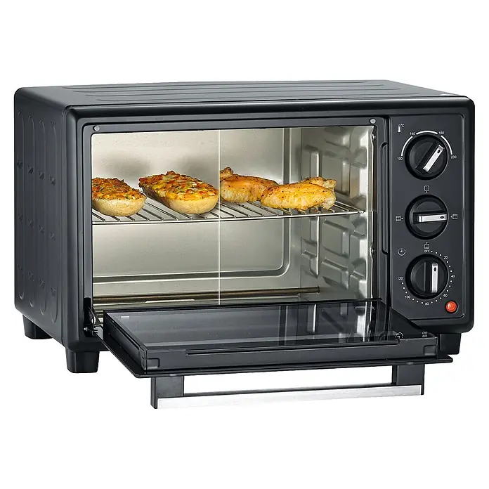 Severin Minibackofen TO2078 - Max. Leistung: 1.400 W, 20 l - Schwarzer Mini-Ofen mit Speisen (Knoblauchbrot, Hähnchenflügel) beim Garen. Die Tür ist leicht geöffnet und zeigt eine Auffangschale.