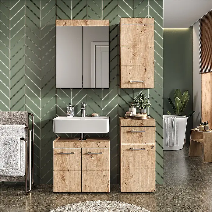 Vicco Badmöbel-Set Luna Eiche Wotan 5 Teile - Gesamtbreite Badmöbel: 134 cm, Eiche Wotan, Matt - Badezimmermöbel-Set aus hellem Holz mit weißem Waschbecken, Spiegelschrank und verschiedenen Aufbewahrungseinheiten.