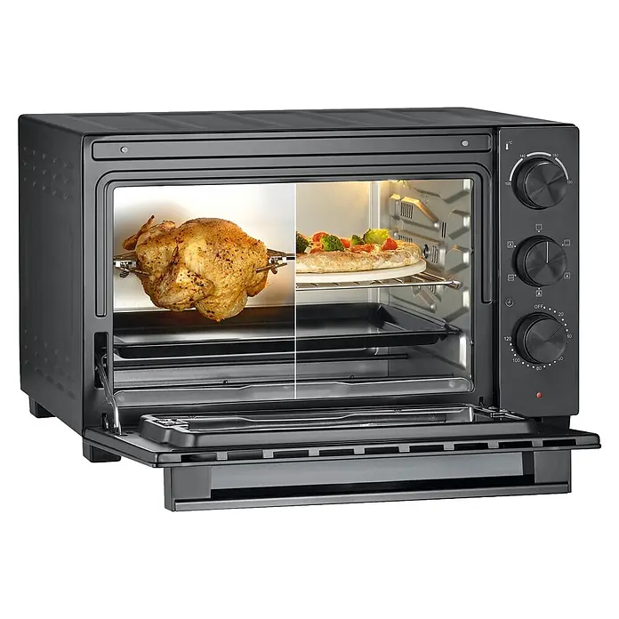 Severin Minibackofen TO2075 XL - Max. Leistung: 1.500 W, 30 l - Schwarzer Minibackofen mit Drehspießhähnchen und Pizza innen, Bedienelemente sichtbar.