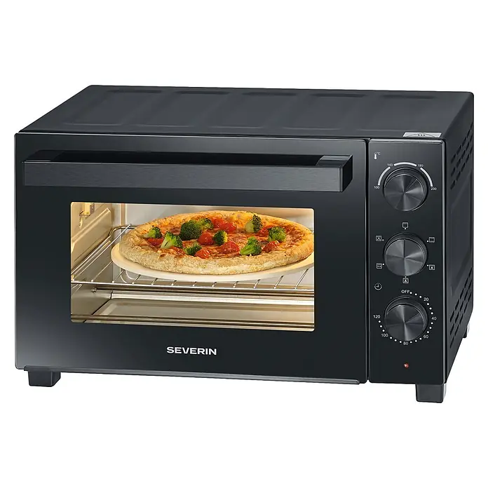 Severin Minibackofen TO2075 XL - Max. Leistung: 1.500 W, 30 l - Schwarzer Severin Mini-Backofen mit Pizza im Inneren, Temperatur- und Zeitschaltuhr-Regler.