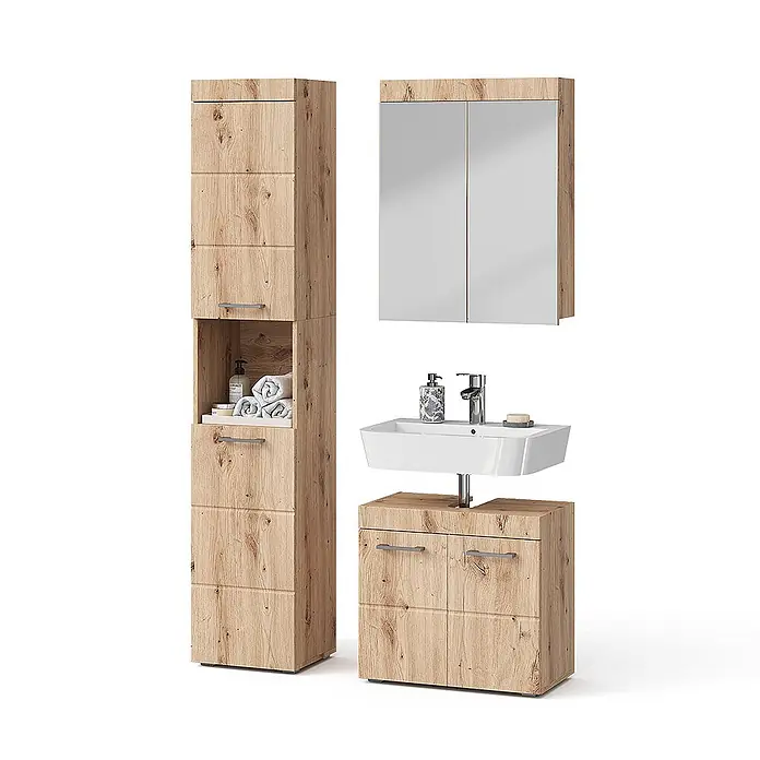 Vicco Badmöbel-Set Luna Eiche Wotan 3 Teile, mit Hochschrank - Gesamtbreite Badmöbel: 97 cm, Eiche Wotan, Matt - Badezimmermöbelset in heller Eichenoptik mit Hochschrank, Spiegelschrank und Waschtischunterschrank mit weißem Waschbecken.