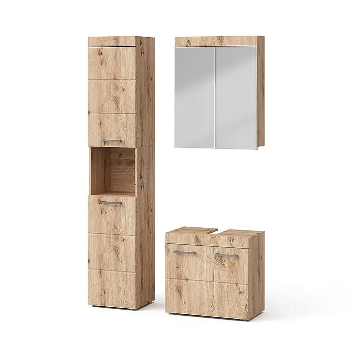 Vicco Badmöbel-Set Luna Eiche Wotan 3 Teile, mit Hochschrank - Gesamtbreite Badmöbel: 97 cm, Eiche Wotan, Matt - Badmöbelset in heller Holzoptik: Hochschrank mit offenem Fach, Spiegelschrank und Waschtischunterschrank.