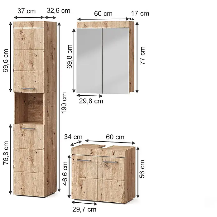 Vicco Badmöbel-Set Luna Eiche Wotan 3 Teile, mit Hochschrank - Gesamtbreite Badmöbel: 97 cm, Eiche Wotan, Matt - Drei Badezimmerschränke aus hellem Holz: ein Hochschrank, ein Spiegelschrank und ein Waschtischunterschrank.