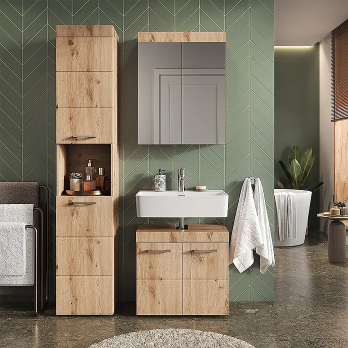 Vicco Badmöbel-Set Luna Eiche Wotan 3 Teile, mit Hochschrank - Gesamtbreite Badmöbel: 97 cm, Eiche Wotan, Matt - Badezimmerset mit hellem Holz Hochschrank, Waschtischunterschrank mit weißem Waschbecken und Spiegelschrank im modernen Bad.
