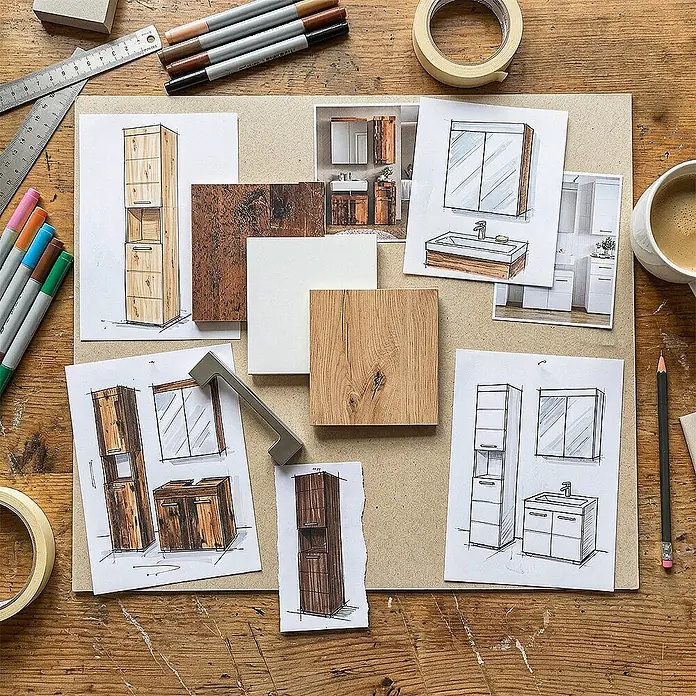 Vicco Badmöbel-Set Luna Weiß 3 Teile - Gesamtbreite Badmöbel: 97 cm, Weiß, Matt - Kreatives Moodboard mit Baddesign-Skizzen, Holz- und weißen Materialmustern sowie einem Metallgriff für Möbeldesign.