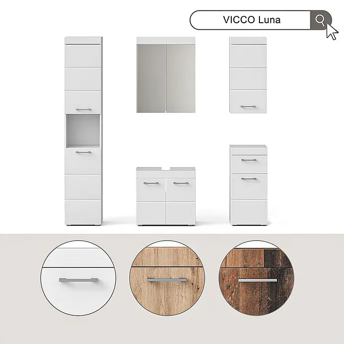 Vicco Badmöbel-Set Luna Weiß 3 Teile - Gesamtbreite Badmöbel: 97 cm, Weiß, Matt - Weißes Badezimmermöbel-Set mit Hoch-, Wand-, Waschtisch- und Schubladenschränken, mit weißen, hellen oder dunklen Holzfronten.