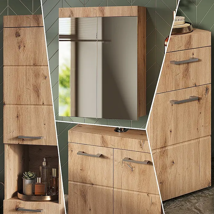 Vicco Badmöbel-Set Luna Eiche Wotan 3 Teile, mit Hochschrank - Gesamtbreite Badmöbel: 97 cm, Eiche Wotan, Matt - Modernes Badezimmermöbel-Set aus hellem Holz mit Spiegelschrank, Waschtischunterschrank und Hochschrank, naturbelassen und mit grauen Griffen.