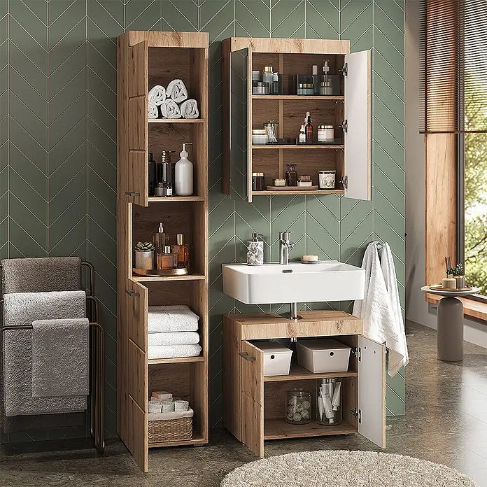 Vicco Badmöbel-Set Luna Eiche Wotan 3 Teile, mit Hochschrank - Gesamtbreite Badmöbel: 97 cm, Eiche Wotan, Matt - Badmöbel-Set aus hellem Holz: ein Hochschrank, ein Spiegelschrank und ein Waschtischunterschrank mit Waschbecken zur Badorganisation.