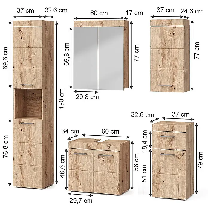 Vicco Badmöbel-Set Luna Eiche Wotan 5 Teile - Gesamtbreite Badmöbel: 134 cm, Eiche Wotan, Matt - Modulares Badmöbelset in heller Holzoptik, bestehend aus Hochschränken, Spiegelschrank und Waschtischunterschrank, mit Maßen.