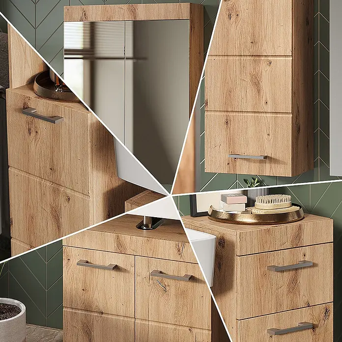 Vicco Badmöbel-Set Luna Eiche Wotan 5 Teile - Gesamtbreite Badmöbel: 134 cm, Eiche Wotan, Matt - Badezimmermöbelset aus hellem Holz: Waschtischunterschrank, Waschbecken, Spiegelschrank und Hochschrank.