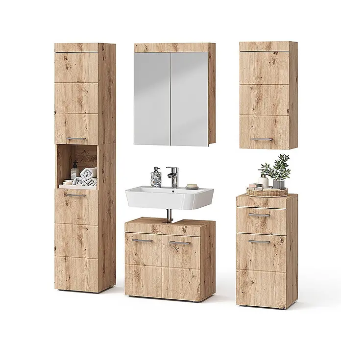 Vicco Badmöbel-Set Luna Eiche Wotan 5 Teile - Gesamtbreite Badmöbel: 134 cm, Eiche Wotan, Matt - Badezimmermöbel-Set in hellem Holz-Look. Es umfasst einen Hochschrank, zwei Wandschränke, einen Waschtischunterschrank und eine kleine Kommode.