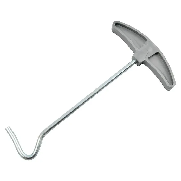 Heringauszieher - 16 cm - Dieses Bild zeigt einen silbernen Haken mit einem grauen T-Griff, ein nützliches Werkzeug für verschiedene Anwendungen.