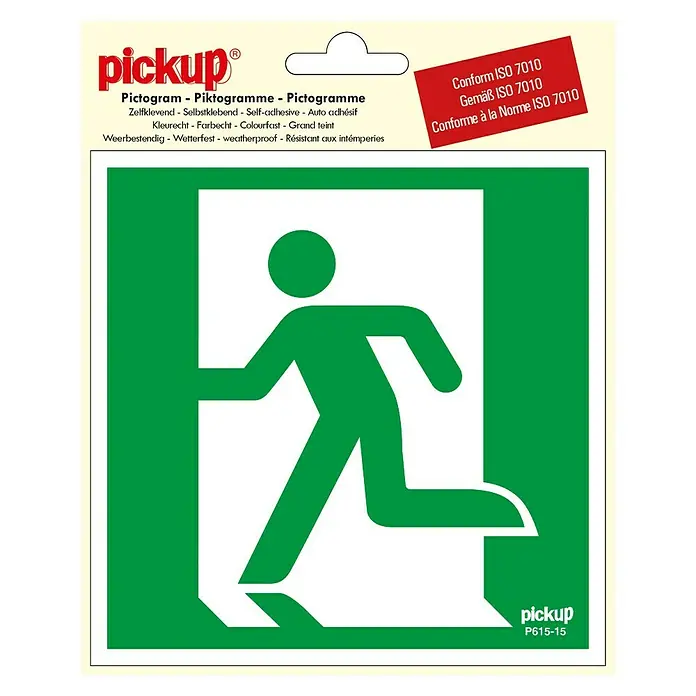Pickup Aufkleber - L x B: 15 x 15 cm, Notausgang links - Das grüne 'Pickup' Notausgangsschild mit einer stilisierten Person, die durch eine Tür läuft, entspricht der ISO 7010 Norm.