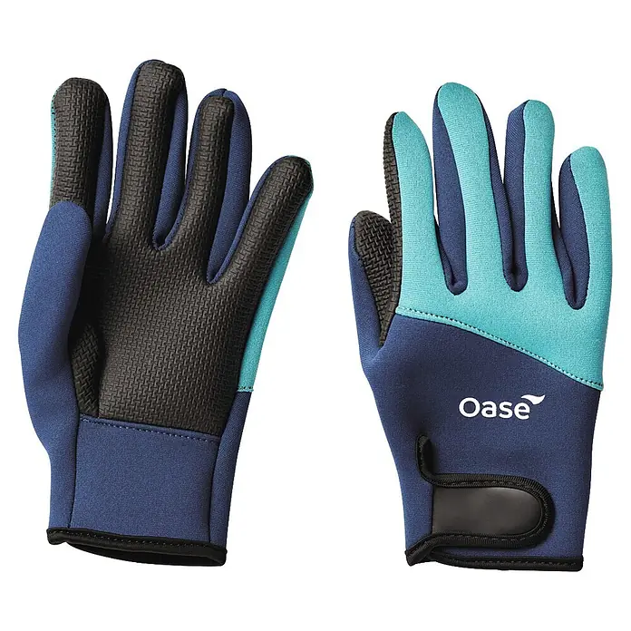 Oase Gartenhandschuhe PondGloves Teichhandschuhe - L, Blau - Paar dunkelblauer und hellblauer Handschuhe mit schwarzen, texturierten Handflächen und Fingerspitzen.