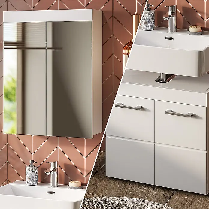 Vicco Badmöbel-Set Luna Weiß 2 Teile - Gesamtbreite Badmöbel: 60 cm, Weiß, Matt - Weißer Badezimmerschrank mit integriertem Waschbecken und passendem Spiegelschrank.