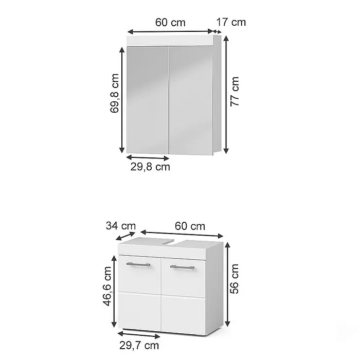 Vicco Badmöbel-Set Luna Weiß 2 Teile - Gesamtbreite Badmöbel: 60 cm, Weiß, Matt - Zwei weiße Badezimmerschränke: ein Spiegelschrank und ein Waschtischunterschrank.