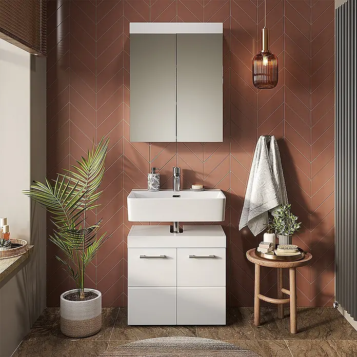 Vicco Badmöbel-Set Luna Weiß 2 Teile - Gesamtbreite Badmöbel: 60 cm, Weiß, Matt - Weißer Badunterschrank mit integriertem Waschbecken, zwei Schubladen und zwei Schranktüren in einem modernen Badezimmer.