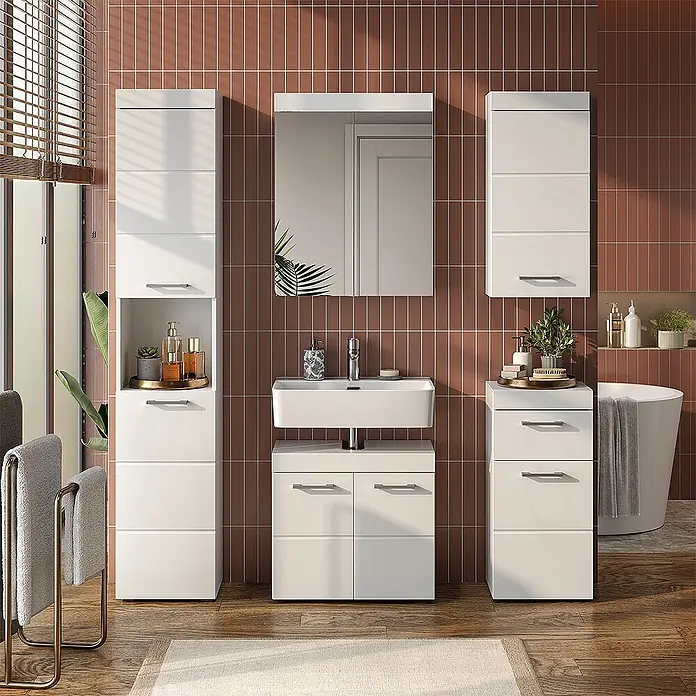 Vicco Badmöbel-Set Luna Weiß 3 Teile - Gesamtbreite Badmöbel: 97 cm, Weiß, Matt - Weiße Badmöbelgarnitur mit Wandhängeschränken, Waschbeckenunterschrank und Hochschrank im modernen Badezimmer.