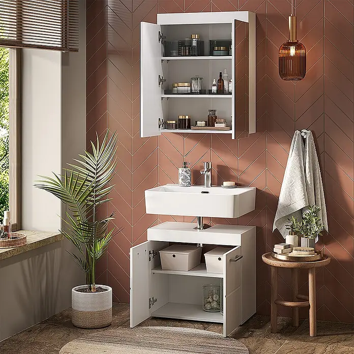 Vicco Badmöbel-Set Luna Weiß 2 Teile - Gesamtbreite Badmöbel: 60 cm, Weiß, Matt - Weißer Badunterschrank mit Waschbecken und passendem Wandschrank, für modernes Badambiente.
