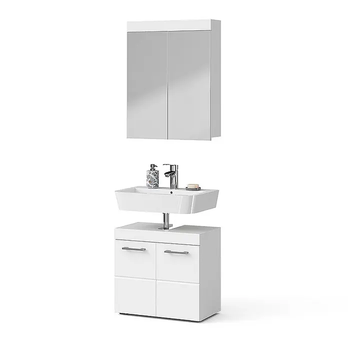 Vicco Badmöbel-Set Luna Weiß 2 Teile - Gesamtbreite Badmöbel: 60 cm, Weiß, Matt - Weißer Badschrank mit Waschbecken, Armatur und Spiegelschrank zur Aufbewahrung.
