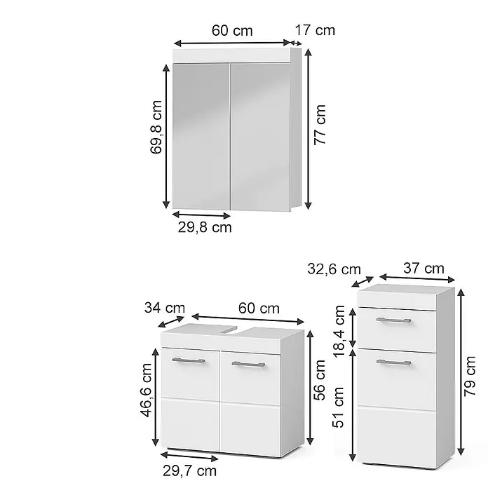 Vicco Badmöbel-Set Luna Weiß 3 Teile - Gesamtbreite Badmöbel: 97 cm, Weiß, Matt - Drei weiße Badmöbel: ein Wandschrank, ein Waschtischunterschrank und ein Hochschrank, alle mit Maßen.
