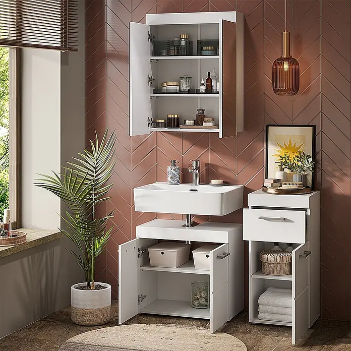 Vicco Badmöbel-Set Luna Weiß 3 Teile - Gesamtbreite Badmöbel: 97 cm, Weiß, Matt - Weißes Badmöbel-Set mit Wandschrank, Waschtischunterschrank und hohem Stauraumschrank.