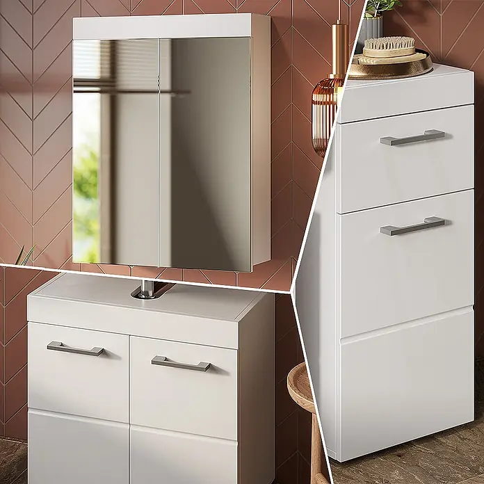 Vicco Badmöbel-Set Luna Weiß 3 Teile - Gesamtbreite Badmöbel: 97 cm, Weiß, Matt - Weißes Badezimmermöbelset: Spiegelschrank, Waschtischunterschrank und hoher Stauraumschrank, alle mit modernen grauen Griffen.