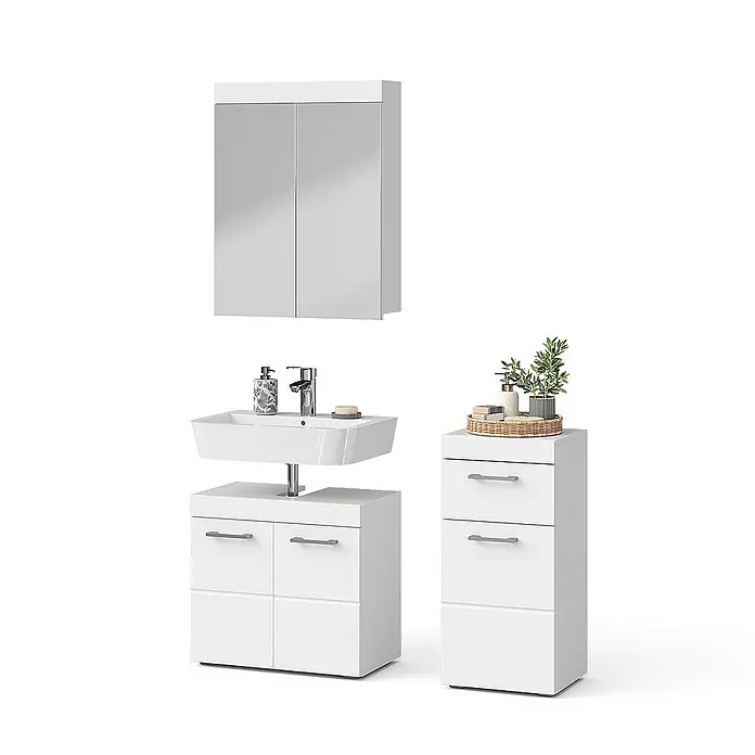 Vicco Badmöbel-Set Luna Weiß 3 Teile - Gesamtbreite Badmöbel: 97 cm, Weiß, Matt - Weißes Badmöbelset: Spiegelschrank, Waschbeckenunterschrank und hoher Aufbewahrungsschrank.