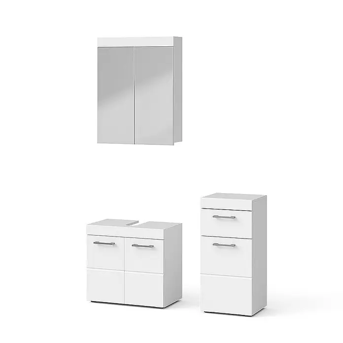 Vicco Badmöbel-Set Luna Weiß 3 Teile - Gesamtbreite Badmöbel: 97 cm, Weiß, Matt - Weißes Badmöbel-Set: Spiegelschrank, Waschtischunterschrank mit Aussparung und hoher Stauraumschrank mit Schubladen.