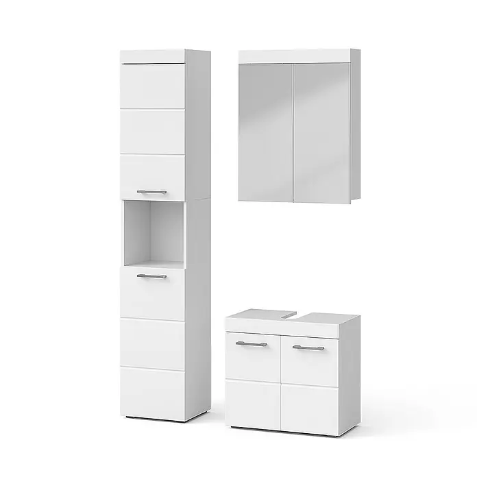 Vicco Badmöbel-Set Luna Weiß 3 Teile, mit Hochschrank - Gesamtbreite Badmöbel: 97 cm, Weiß, Matt - Weißes Badmöbel-Set: Hochschrank, Spiegelschrank und Waschtischunterschrank.