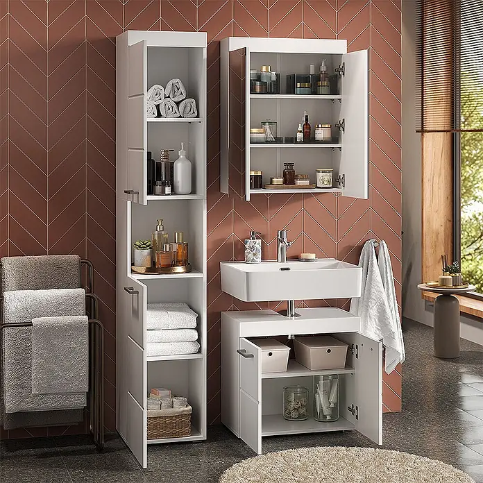 Vicco Badmöbel-Set Luna Weiß 3 Teile, mit Hochschrank - Gesamtbreite Badmöbel: 97 cm, Weiß, Matt - Weiße Badschränke und Waschtischunterschrank in einem modernen Badezimmer.