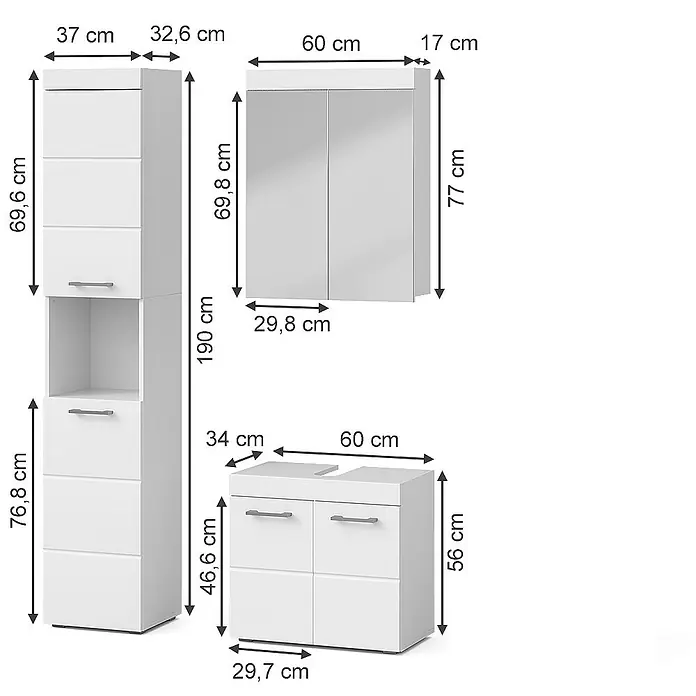 Vicco Badmöbel-Set Luna Weiß 3 Teile, mit Hochschrank - Gesamtbreite Badmöbel: 97 cm, Weiß, Matt - Drei weiße Badschränke: ein Hochschrank, ein Wandschrank und ein Waschtischunterschrank, mit Maßen dargestellt.
