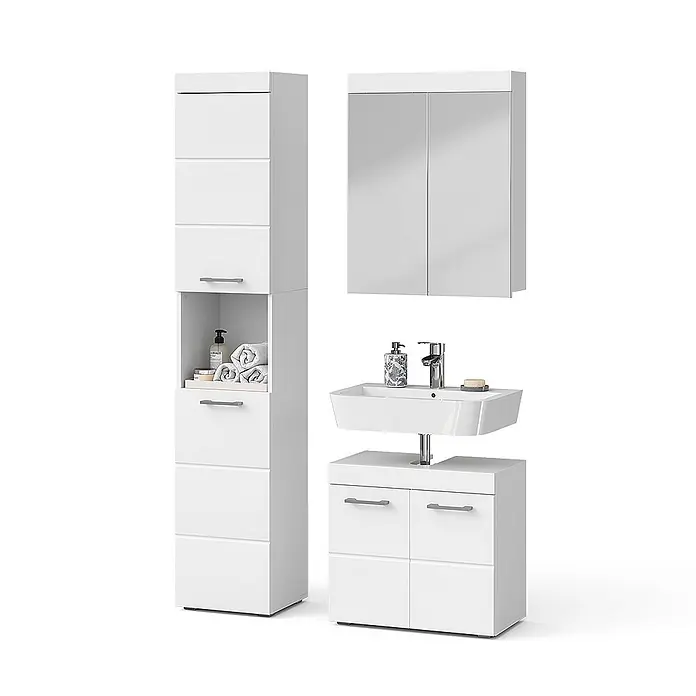 Vicco Badmöbel-Set Luna Weiß 3 Teile, mit Hochschrank - Gesamtbreite Badmöbel: 97 cm, Weiß, Matt - Weißes Badezimmermöbel-Set mit Hochschrank, Waschbeckenunterschrank und Spiegelschrank.