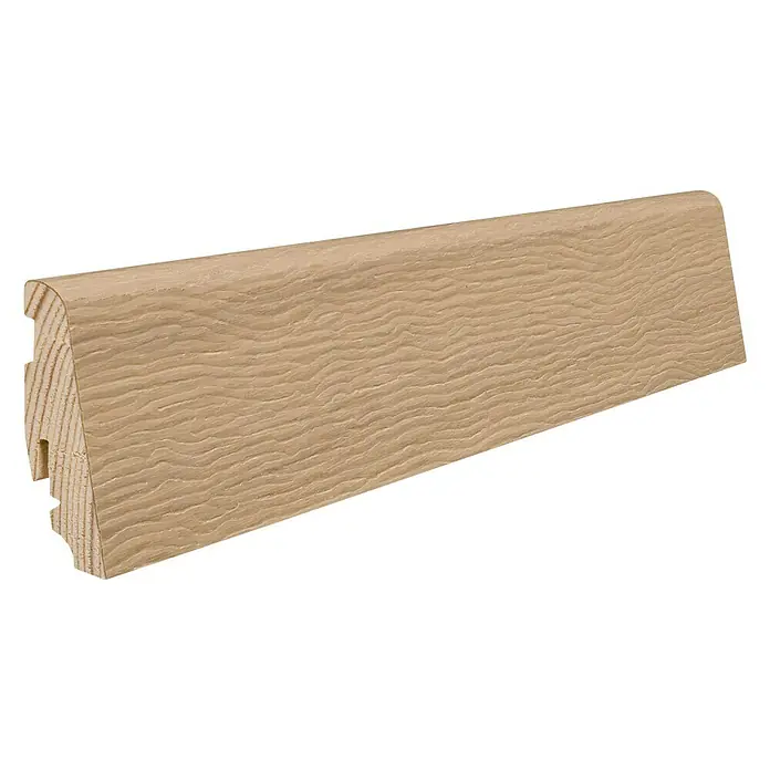 Living by Haro Sockelleiste Eiche Weiß geölt - 220 cm x 19 mm x 58 mm, Fichte - Das Bild zeigt eine Sockelleiste aus Holz mit einer hellen, natürlichen Oberfläche und einer markanten Maserung.