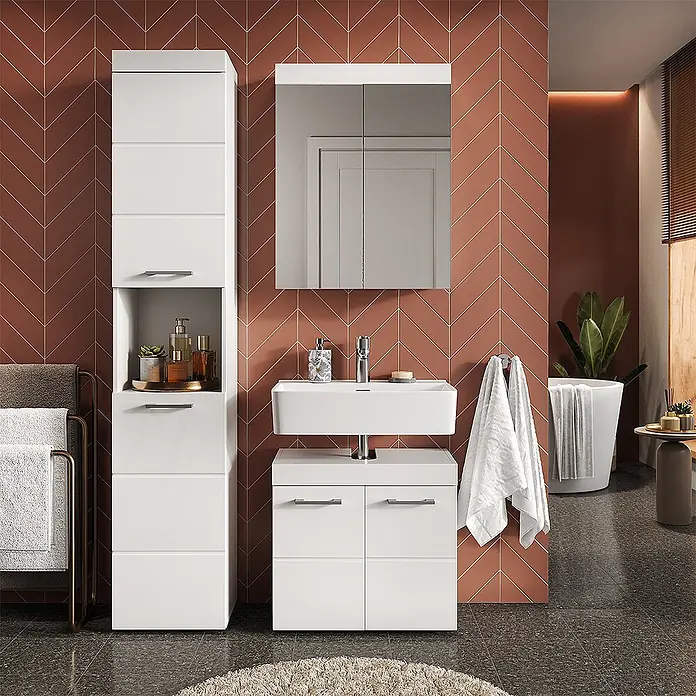 Vicco Badmöbel-Set Luna Weiß 3 Teile, mit Hochschrank - Gesamtbreite Badmöbel: 97 cm, Weiß, Matt - Weißes Badmöbel-Set mit hohem Schrank, Waschbeckenunterschrank und Spiegel, für moderne Aufbewahrung.