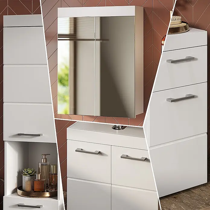 Vicco Badmöbel-Set Luna Weiß 3 Teile, mit Hochschrank - Gesamtbreite Badmöbel: 97 cm, Weiß, Matt - Weißes Badmöbel-Set mit Hochschrank, Spiegelschrank und Waschtischunterschrank mit grauen Griffen.