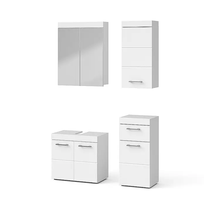 Vicco Badmöbel-Set Luna Weiß 4 Teile - Gesamtbreite Badmöbel: 97 cm, Weiß, Matt - Weißes Badmöbelset: Spiegelschrank, Hochschränke und Waschtischunterschrank mit Griffen.